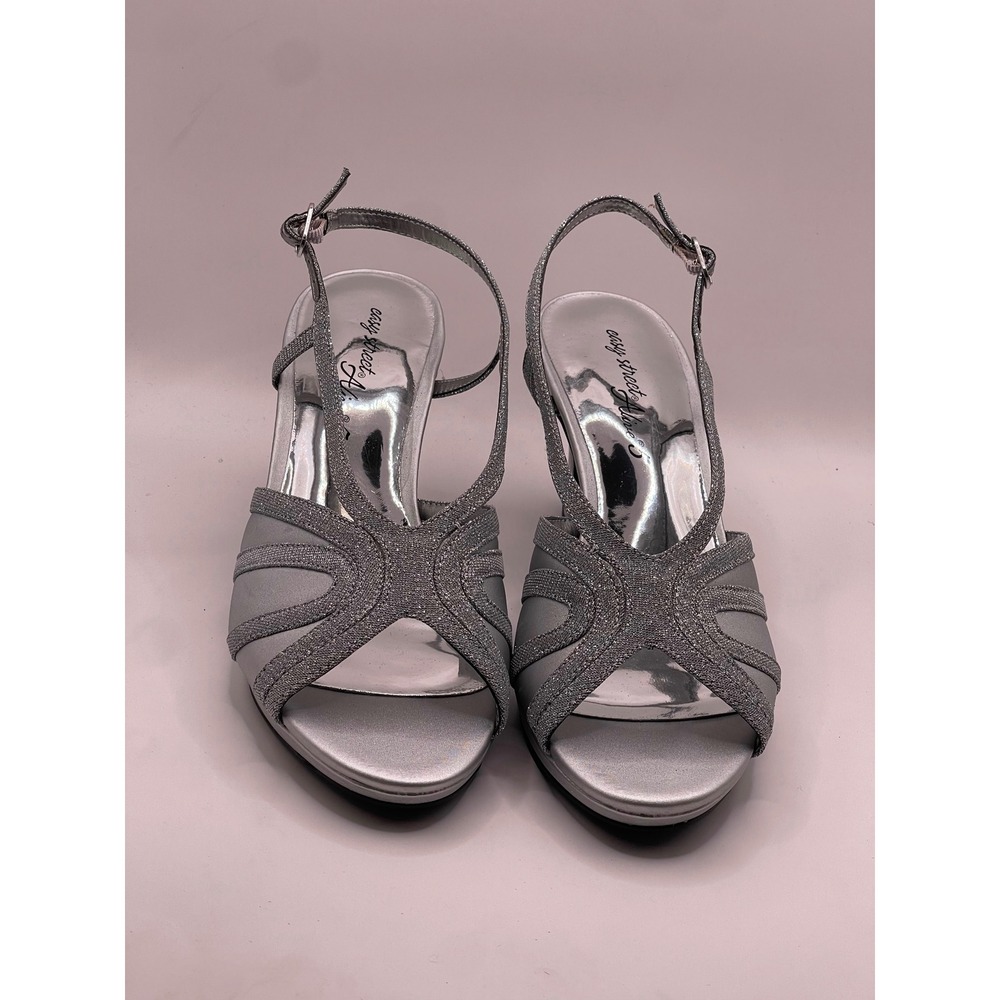 Easy Street Alive 5 Starlight Silver Satin Glitter Sandals Heels Womens 9M New